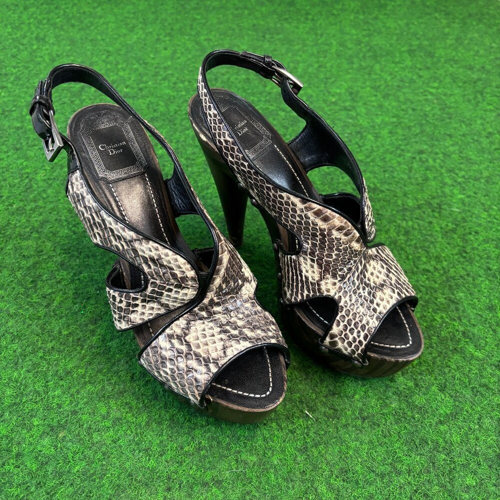 Dior Feline Snakeskin Python Sandals Heels Platform Slingback Shoes 37.5